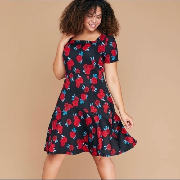 Lane Bryant- Black with Red Roses Fit and Flare dress size: 18 - Picture 1 of 12